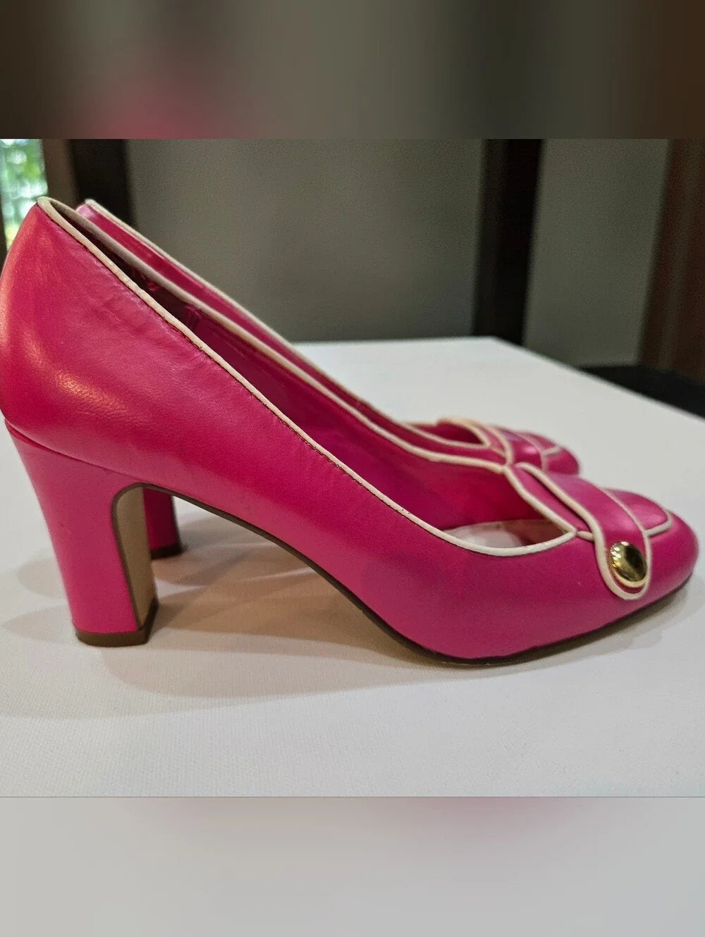 Merona Hot Pink Block Heel Pumps with Gold Button Detail #715